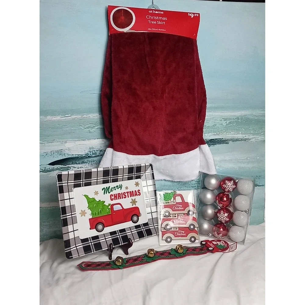Christmas Ornament Lot With‎ Tree Skirt Country Red Truck Serving Tray